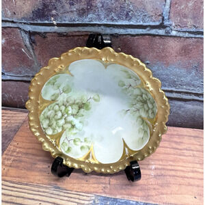 Antique Porcelain MZ Austria Bowl Grape Vine Heavy Gold Scallop Rim Hand Painted